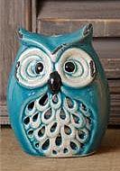 Candle Holder - Pottery Owls - Blue